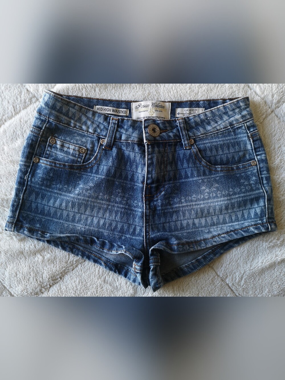Blue Patterned Denim Shorts